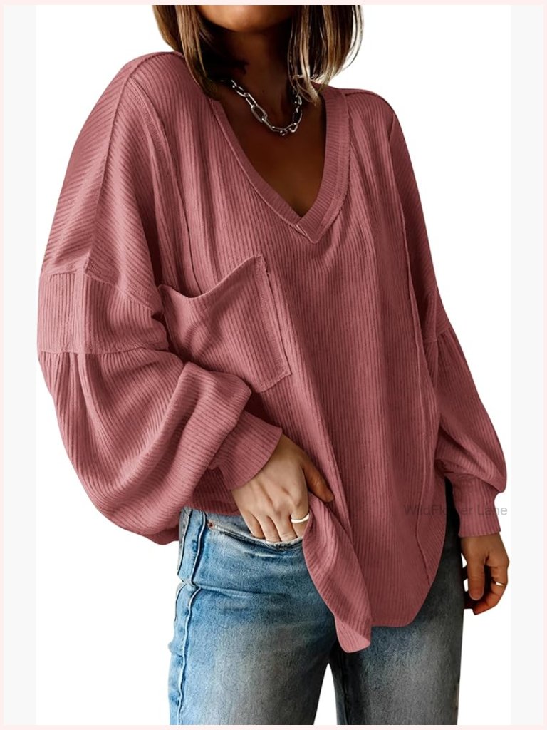 Long Sleeve V Neck Ribbed Knit Blouse Pullover Tunic Top Loose Fit Fall